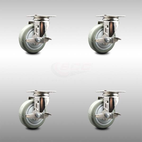 Service Caster 4 Inch 316SS Gray Polyurethane Wheel Swivel Top Plate Caster Set with Brake SCC SCC-SS31620S414-PPUB-TLB-4 - main